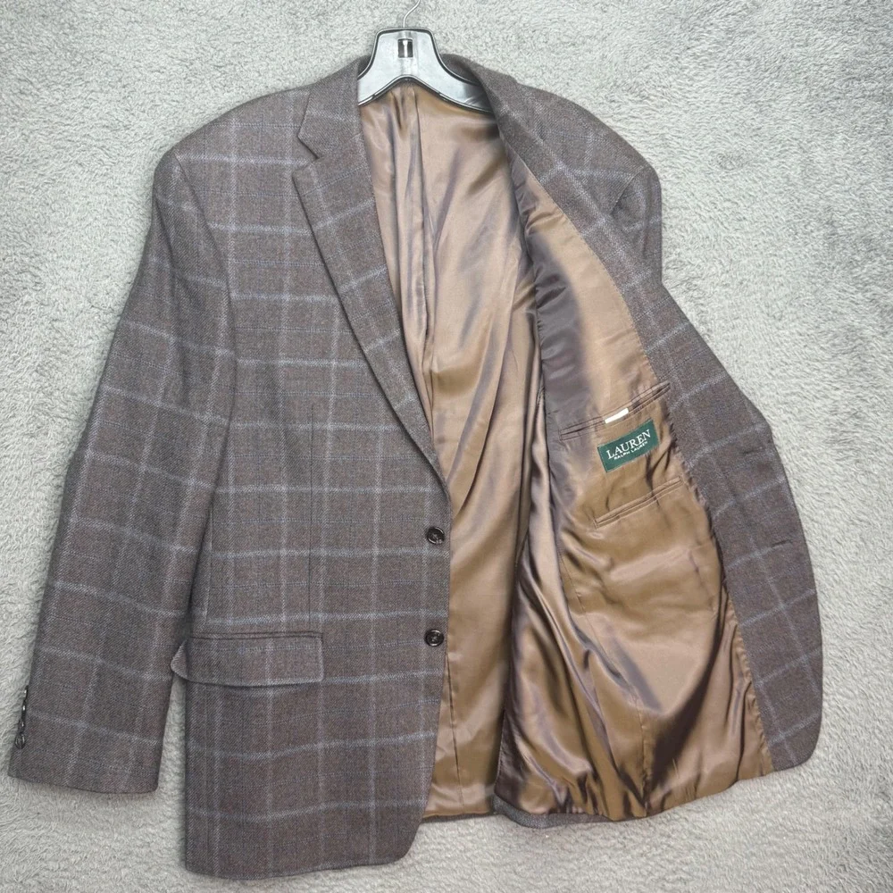 Lauren Ralph Lauren Blazer Mens 42R Brown Blue Windowpane Plaid 100% Wool Jacket